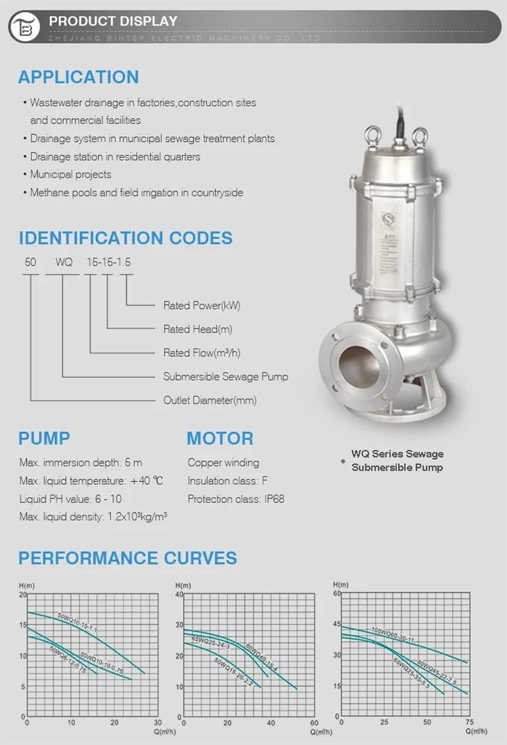 Nice Price 80WQ45-22-7.5S Submersible Sewage Drainage Stainless Steel Water Pump